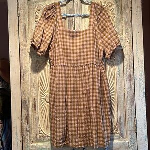 NWOT Madewell Square-Neck Puff-Sleeve Dress in Gingham Seersucker in Spiced O…